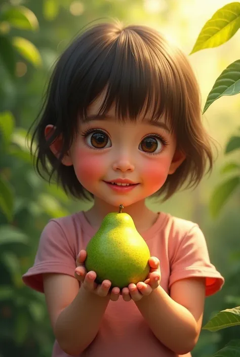 Create for me a child holding a guava, preferably realistic
