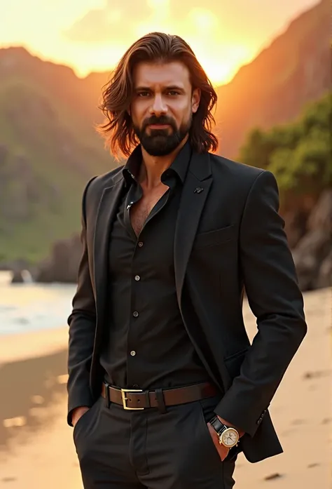 a handsome man with black brown long hair, and a beard like character reference , face similar to character reference, suitable for a YouTube video in format, brown eyes, wearing expensive trouser, expensive belt and wrist watch expensive black slim fit sh...