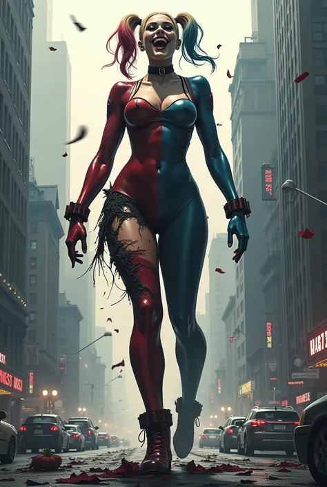 Harley Quinn reimagined as a sexy giantess with a thin body and voluptuous chest maniacally laughing as she stomps through the streets of Gotham. Her clothes were ripped an torn when she grew to giant size, and only scraps of fabric remain.