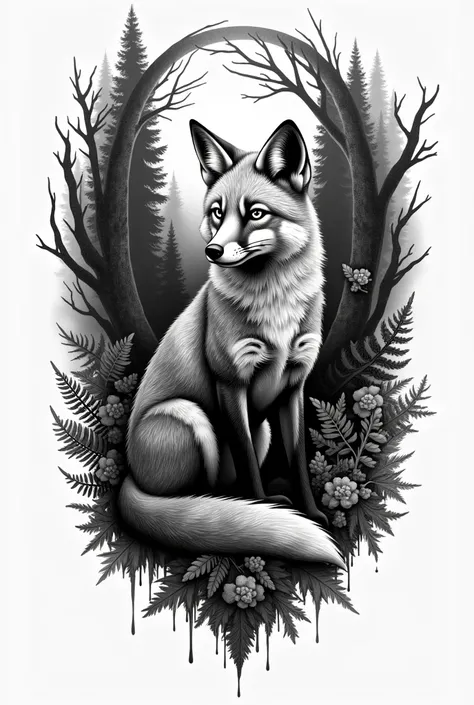 Black and white fox and forest tattoo 