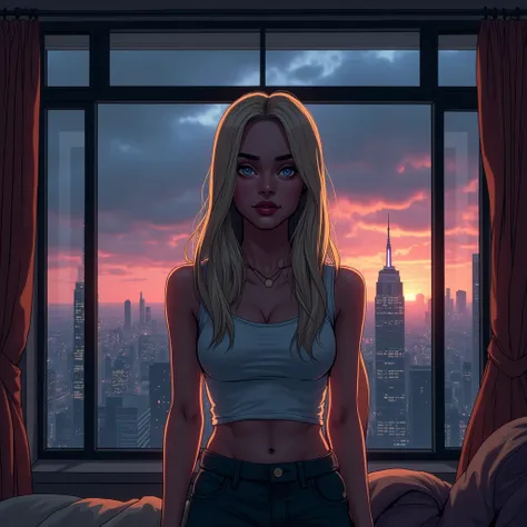 In a dark fantasy comic book style scene, Harley, a young woman with long straight platinum blonde hair, with blue eyes, featured on the scene, where is looking through the giant window, of a luxury apartment overlooking the modern city. Your soft lips, wi...