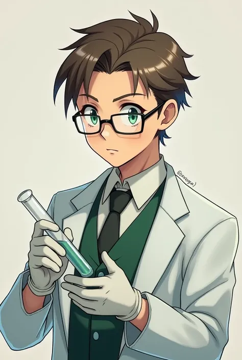 solo, looking at viewer, calm, brown hair, gloves, 1 male, holding, green eyes, upper body, male focus, tie, glasses, white gloves, green vest, lab coat, test tube