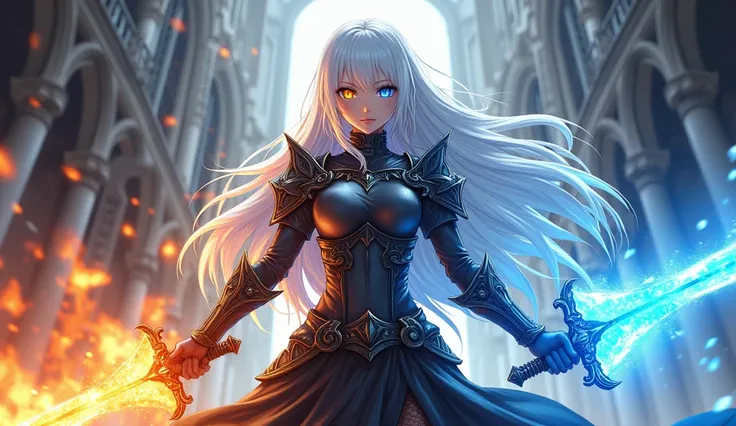 This is an image of a female anime character. This is a digital illustration of a woman with white hair and a blue right eye and a bright yellow left eye., dressed in dark metal armor, half of your body on fire and the other half frozen in ice. She is hold...