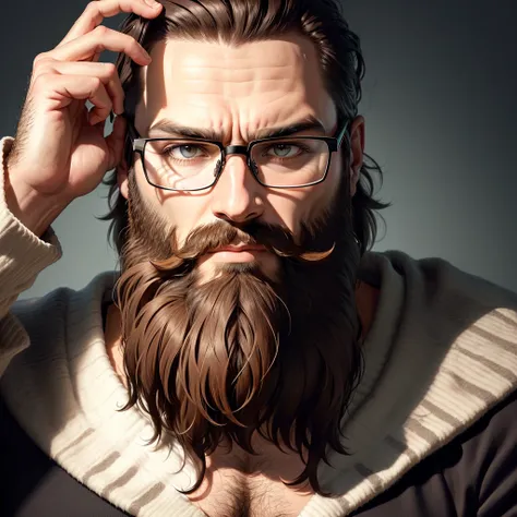 a serious bearded man holding his glasses in front of his face