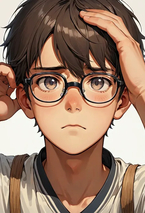 a boy of 14 with glasses and bangs covering his forehead