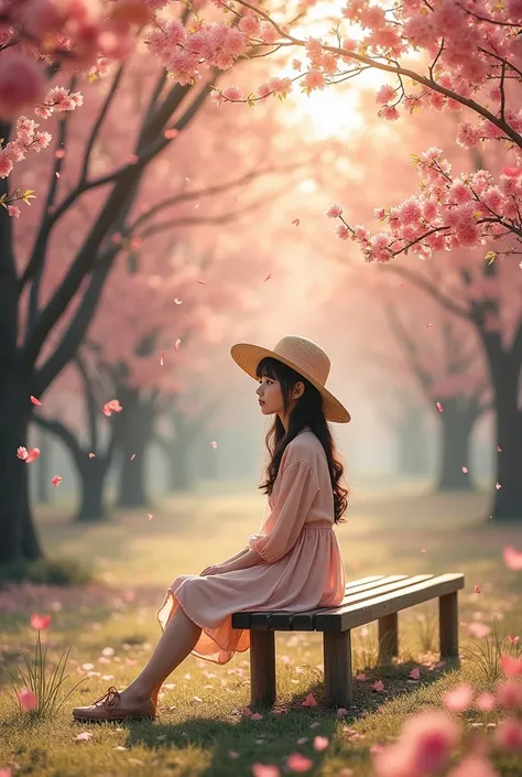 arafed girl sitting on a bench in a park with a hat on, in pink forest, young asian girl, inspired by Lilia Alvarado, backlight photo sample, beautiful portrait photo, sunny amber morning light, sitting on bench, in soft dreamy light at sunset, under sakur...