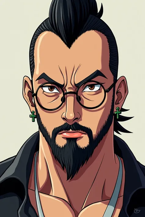 Man with thin black mohawk, round prescription glasses, beard, anchor goatee and thin mustache, brown eyes and cross earring on the right ear in anime style