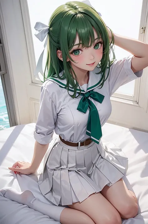 Best Quality,High resolution,8k,(plain white background, no patterns, no textures, just a plain white background:1.3),Masterpiece:1.2),beautiful girl,Big Breasts,(Shiny green hair:1.3),messy hair,Beautiful green eyes,Depict a Japanese high school girl. She...