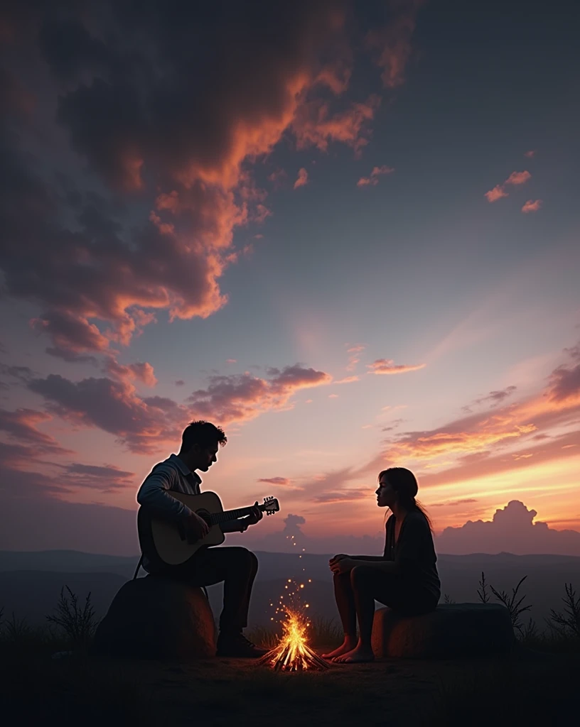 A wide sunset spreads across the horizon, with soft orange, pink, and purple hues filling the sky. In the foreground, the silhouettes of a couple sit by a campfire. On the left side of the fire, a man plays the guitar, while on the right, a woman sits besi...