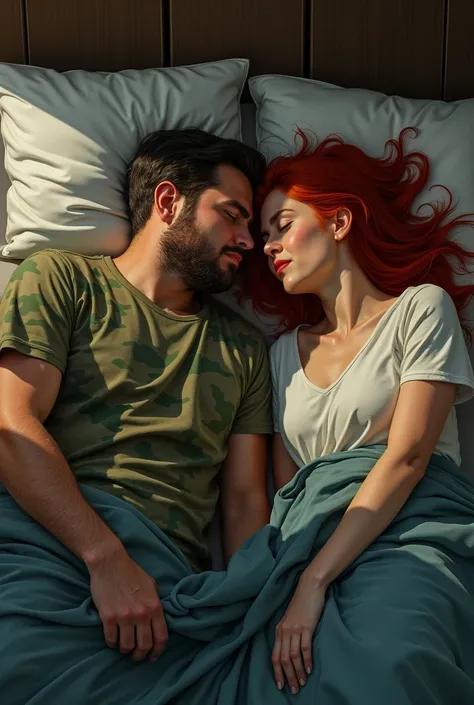 Big man in camouflage t-shirt, tired, fallen next to a big red-haired woman full of lively vigor the big guy fallen limp on the bed