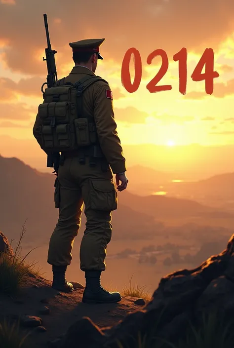 Victorious soldier looking at the horizon, with number 0214