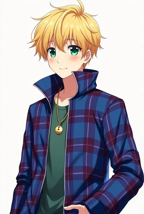 A blond boy with white skin color wearing a blue and purple plaid jacket with emerald green eyes is tall in anime version 