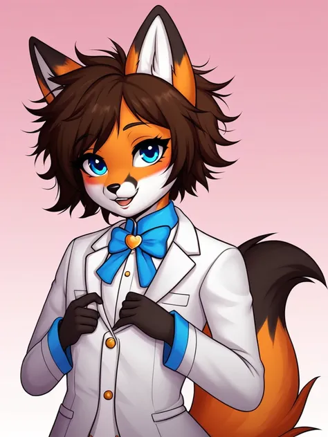 Anthropomorphic fox, 1boy (femboy), female body, cute face, orange and white coat (stripes on the limbs,tail and ears), Dark brown hair (gray and messy hair), blue eyes, lovely outfit, pose