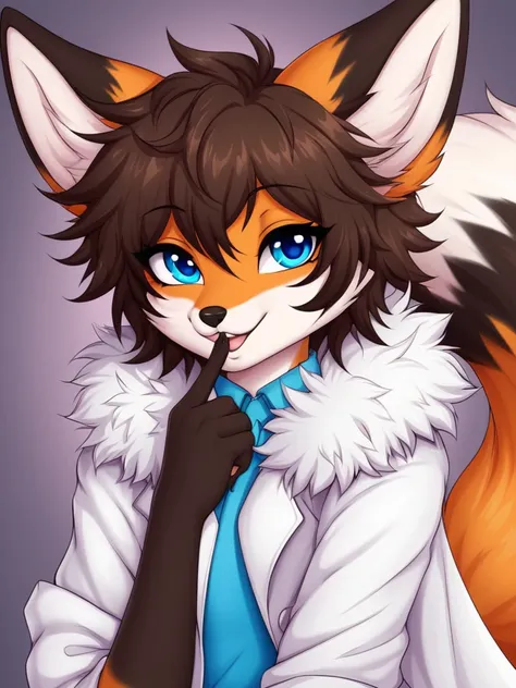 Anthropomorphic fox, 1boy (femboy), female body, cute face, orange and white coat (stripes on the limbs,tail and ears), Dark brown hair (gray and messy hair), blue eyes, lovely outfit, pose