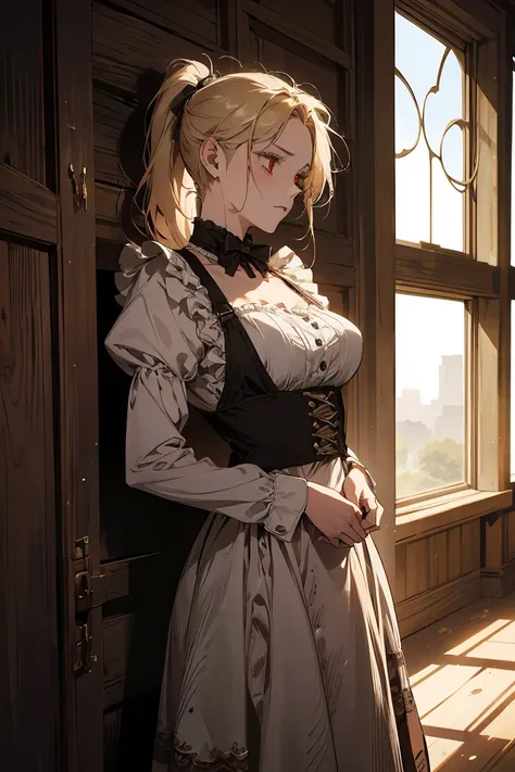 "(masterpiece, high resolution:1.3), Close up, A one blonde-haired woman with pony tail and red eyes, sad gently. She is dressed in an old, tattered maid outfit, standing in an ancient, worn-down house. The house features wooden beams and stone walls, dust...