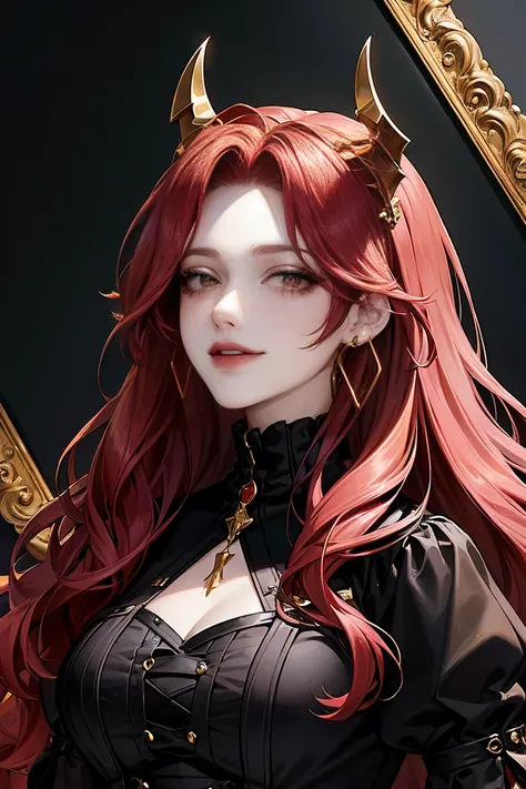 Red Hair Girl, Big Yellow Eyes, Long Red Wavy Hair, Gold Congo Earrings, Tired Look, Dark Background, Plump Lips, White Strands In Her Hair, Lip Piercing, Small Red Horns , Portrait, grinning, looking at the camera, Gothic background, Gothic clothes