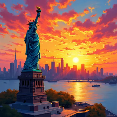 Nova York, Statue of Liberty, sunset in color gradient: red,yellow and lilac. in the van Gogh style 