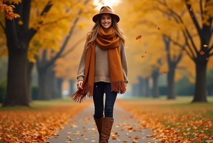 woman walking through a park with autumn leaves falling around her, dressed in layered clothing that reflects the seasons trends. Shes wearing a cozy oversized knit sweater, paired with a stylish scarf, a wool hat, and knee-high boots. The warm earthy tone...