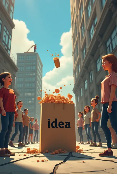 people looking VERY impressed at very small bag with writing "idea" breaking sidewalk below, with a man on top of a large building, next to a catapult and written on top of it "marketer" 