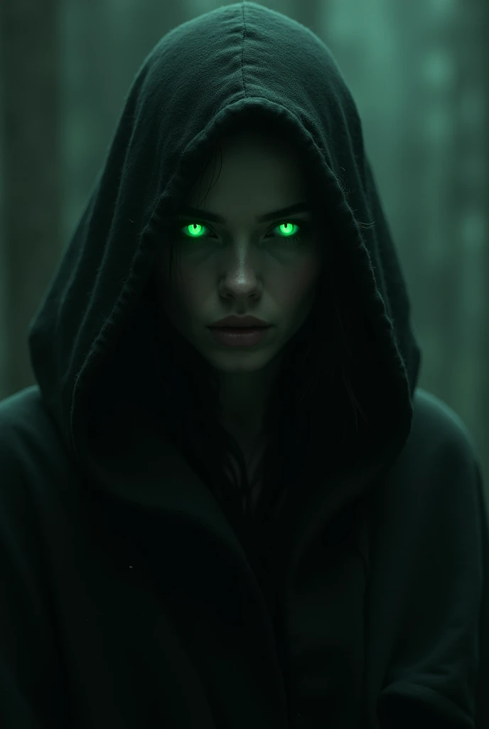 A woman covered in shadows, Only his light green eyes are seen, the background is dark