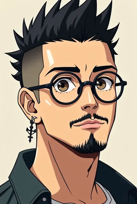 Man with short black mohawk, round prescription glasses, anchor goatee and thin mustache, brown eyes and cross earring in the right ear, face with calm expressions in anime style