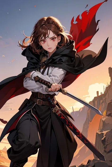 Girl in a cloak with a hood on her head, brown short hair, sparkling red eyes, braid, with sword in hands, ready to attack the enemy with a sword, the lower half of the face is covered, black trousers, brown boots, white shirt, desert