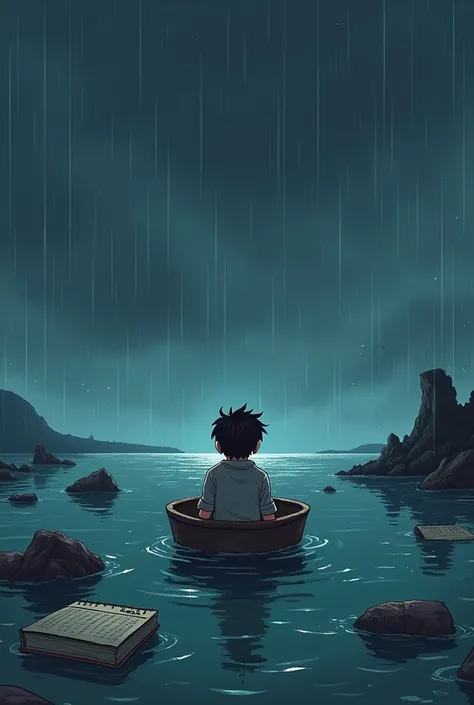 An anime style chibi sketch illustration, both the character and the background, The sky looks dark and rainy, A man is seen lost in a shipwreck , while the man is in a small boat looking at the immensity of the sea with uncertainty in his gaze, In the sea...