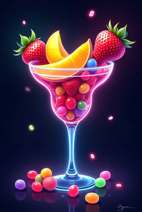 A cocktail logo with fruit and jelly beans(mango,strawberry passion fruit)simpler neon something classic that
