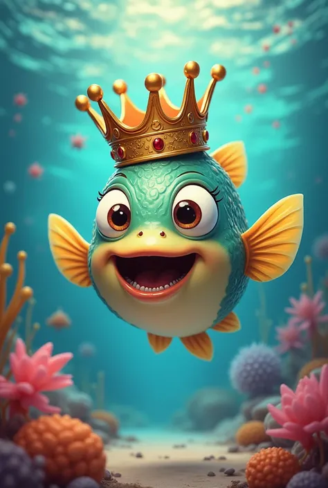 Codfish with a crown in a cartoon 