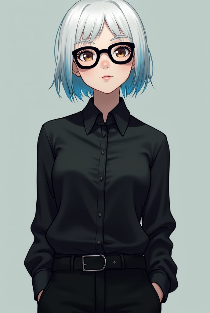 A girl with short white hair with blue tips and glasses wearing a black shirt and black pants with lead color and the color of her eyes are brown 