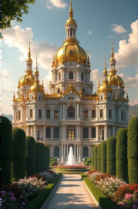 Make a super luxurious Renaissance palace with lots of details and gold and platinum finishes with water channels and gardens resembling the Palace of Versailles seen from afar