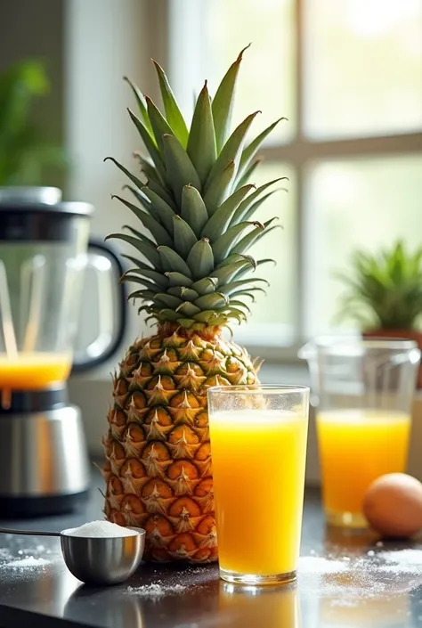 Make an image where there is pineapple in a blender and pineapple juice and sugar are being added.

