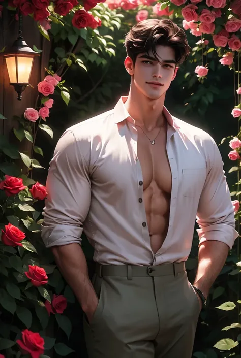 uhd, a tall, lean, handsome man with muscular build stands in a blooming rose garden at dusk, the soft glow of lanterns illumina...