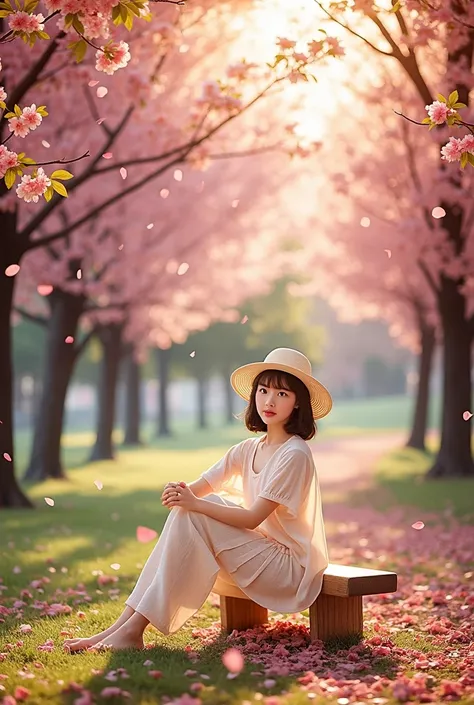 arafed girl sitting on a bench in a park with a hat on, in pink forest, young asian girl, inspired by Lilia Alvarado, backlight photo sample, beautiful portrait photo, sunny amber morning light, sitting on bench, in soft dreamy light at sunset, under sakur...