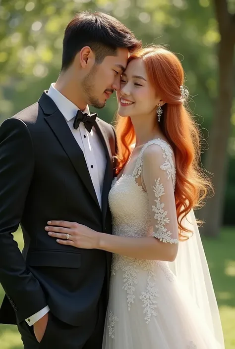 Wedding between a man and a woman with light red hair, wearing a wedding dress.
The two from the front and with super realistic details.