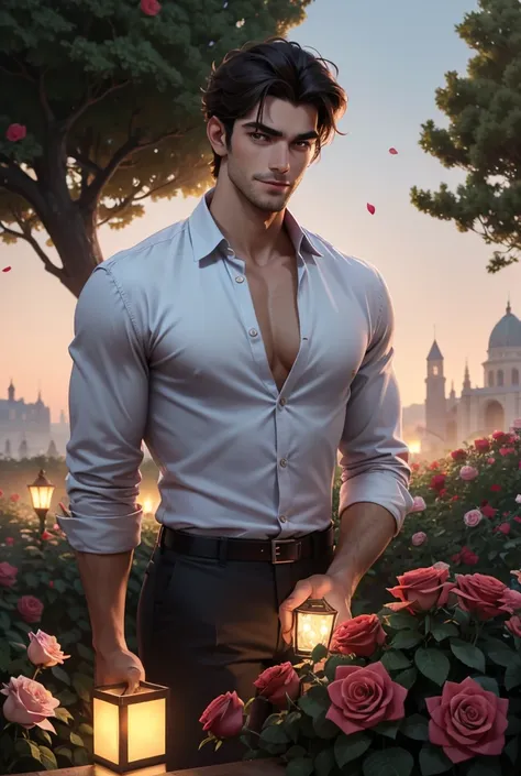 uhd, a tall, lean, handsome man with muscular build stands in a blooming rose garden at dusk, the soft glow of lanterns illumina...