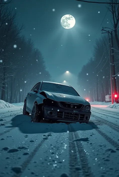 Car accident in the snow at night, with broken glass and close up.