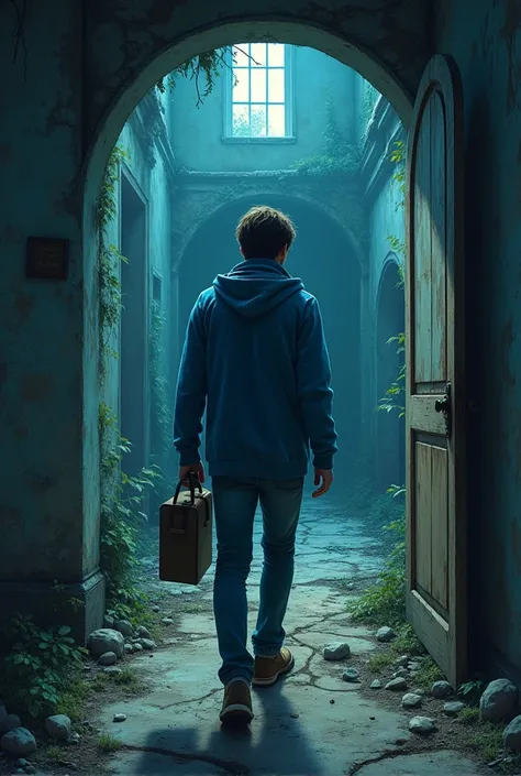 1 man, Adventurous, with artifacts ghost house, blue sweater, from one side, Plano americano, illustration, 