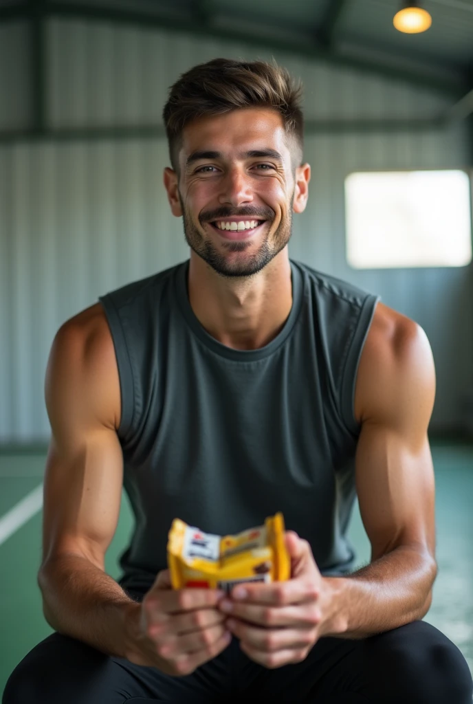 Young male athlete, discreet smile, in his 20s, after regular training day, sitting on the bench in the sport hall, wearing sleeveless t-shirt, sweaty, holding pouch package of snacks, to regain energy, hyperdetailed photography, front low angle shot, dept...