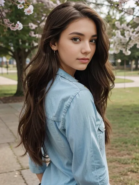 Back photo of a 20-year-old brunette woman., who has a very natural face,  earrings, long eyelashes. Loose hair in the wind. natural lighting. spring attire