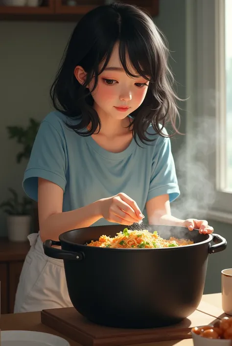 Beautiful girl with wavy black hair wearing a light blue t-shirt and white pants with an extra large black pot preparing something and adding a pinch of salt 