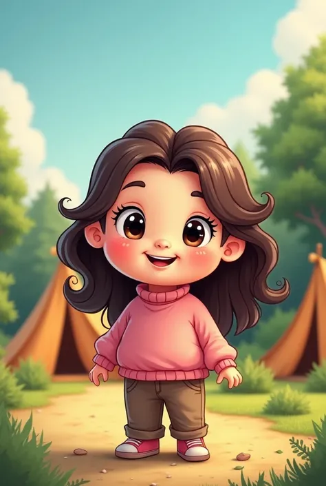 a chubby child,long brown curly hair,dark brown eyes in cute cartoon style with pink and brown camping clothes 