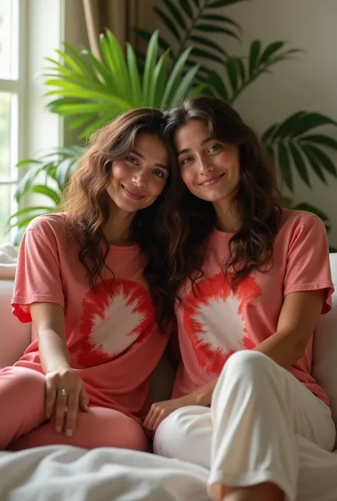 (photorealism:1.2), two beautiful woman, sitting on bed, wearing a t-shirt with a red earth paint on it, one of her smile, pajama pants, long curly hair, indoors, soft lighting, plants in background, window with sunlight, relaxed pose, realistic, intricate...