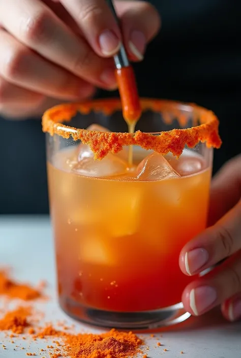 A person frosting the edges of a glass with chamoy, Valentina and Tajin sauce remove the liquid that is inside the glass