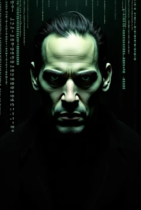 face like the real character Morpheus from the movie the matrix in cyberpunk style on a black background with numbers pouring down