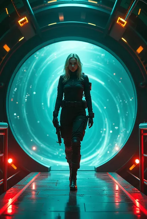 a scene from a science fiction movie, center stage a female soldier walking out of a futuristic portal and looking directrly at the camera with a smirk. The portal is large and circular, with egyptian glyphs all around and a dark blue background that appea...