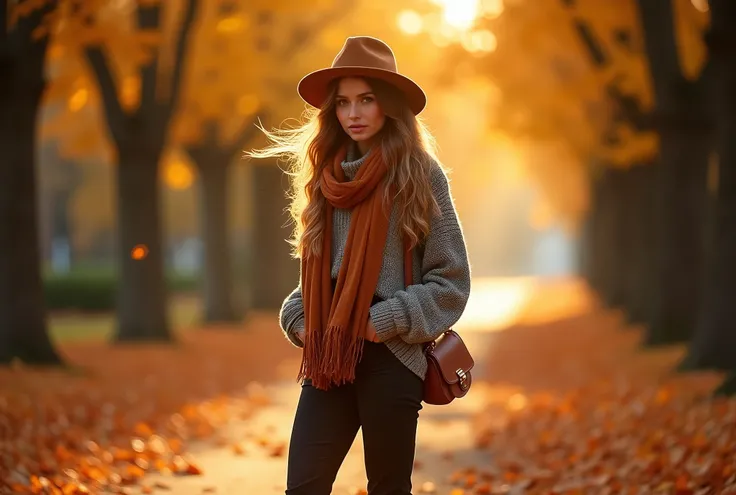 Fashionable woman in autumn park, swirling leaves, trendy layered outfit, chunky sweater, stylish scarf, felt hat, tall boots, fall color scheme, amber, rust, goldenrod, tree-lined path, dreamy sunset glow, romantic autumn mood, high fashion editorial styl...