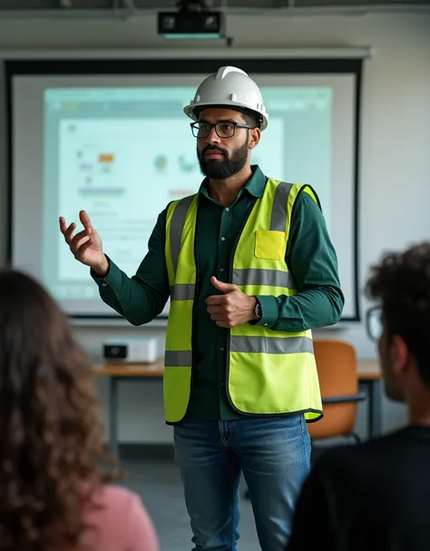 a 40 year old Brazilian man with brown skin and short black hair , has no beard, green eye, wearing jeans and a dark green long-sleeved shirt tucked into his pants, wearing a white construction helmet and glasses, black leather boots and a reflective vest ...