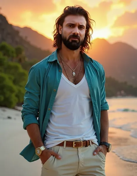 a handsome man with black brown long hair, and a beard like character reference , face similar to character reference, suitable for a YouTube video in format, brown eyes, wearing expensive wrist watch expensive three quarter short in cream color and cyan s...