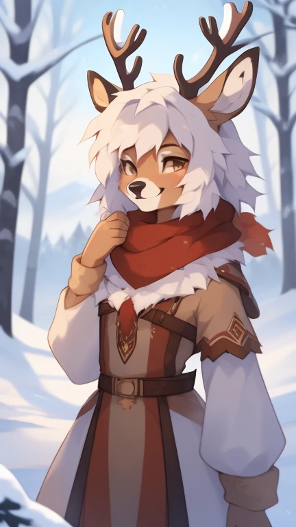 ((by reysi)), Best quality, Super detailed illustration, (fluffy deer boy:1.4) , feminine face and body, disheveled thick hair, warm clothes of the northern peoples, warm colors, decorations on clothes, smug smile, against the backdrop of a winter forest a...